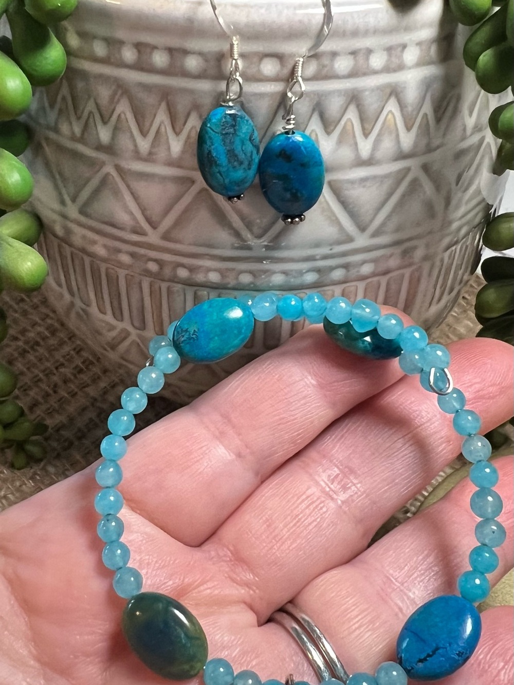 Turquoise Bead memory wire Bracelet and Earrings Set - Women Jewelry